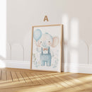 Lindo póster para habitación infantil con elefante · Elefante de acuarela con globo · Decoración de pared para habitación de bebé · Ilustración de animal en pastel · Impresión sin marco